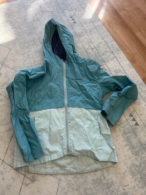 Columbia Kids Teal and Light Aqua Hooded Rain Jacket